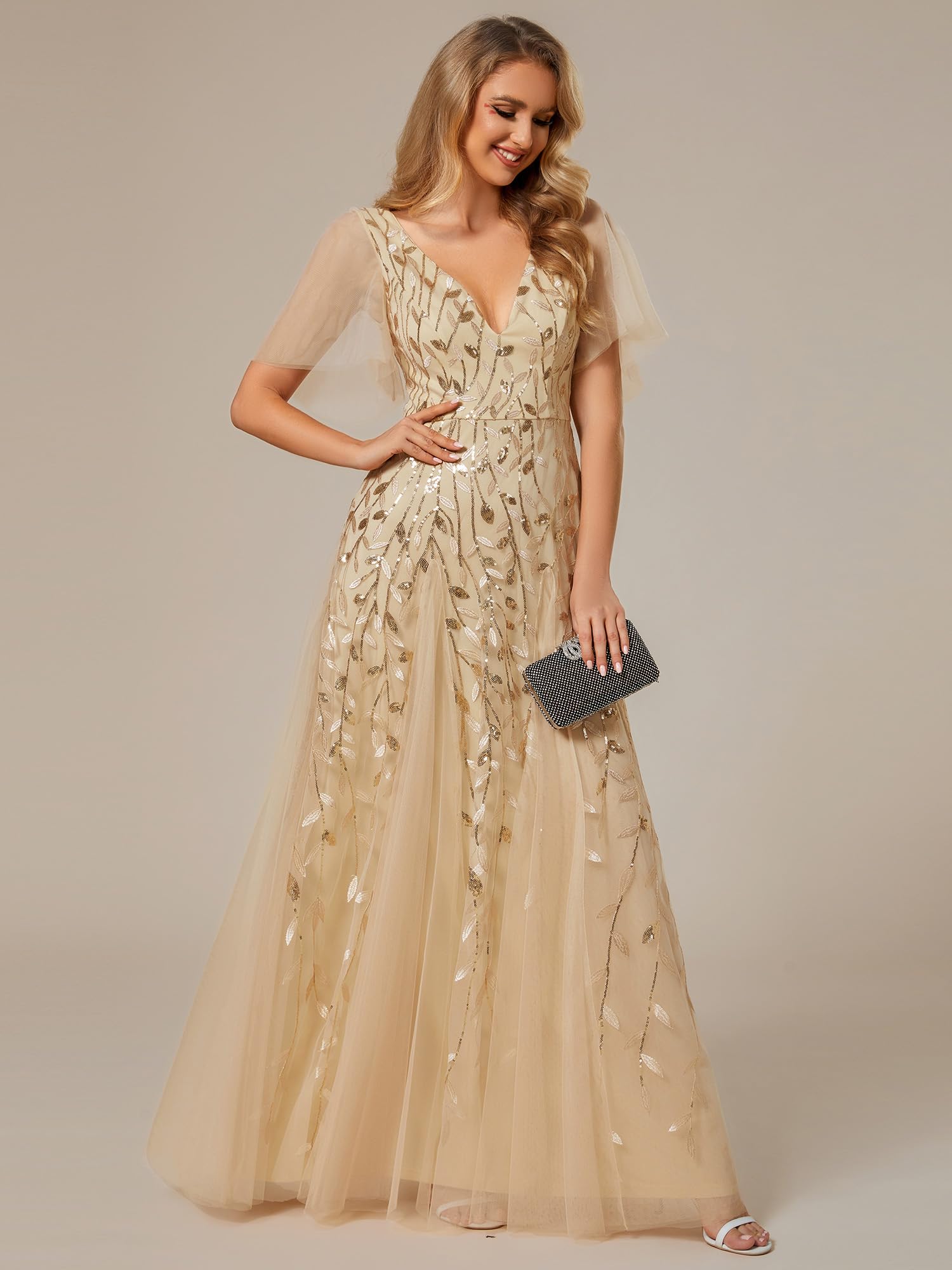 Ever-Pretty Robe de soirée élégante en tulle à manches courtes et décolleté en V - 00734