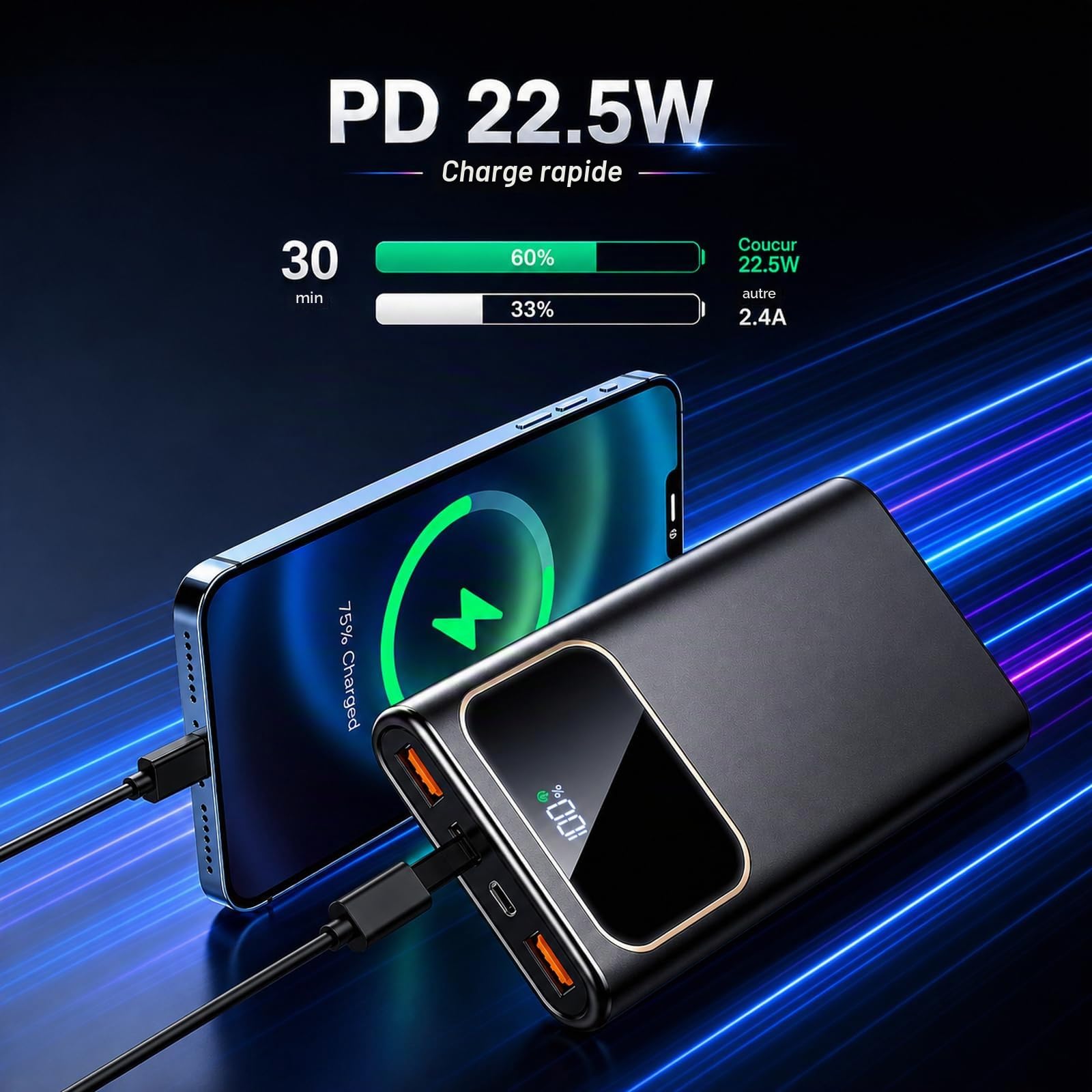2026 Batterie Externe, 10000mAh 22.5W Power Bank, Batterie Portable USB C Input & Output PD3.0 QC4.0,Charge Rapide Powerbank à Affichage LED pour iPhone Samsung et Autres téléphone（Noir）