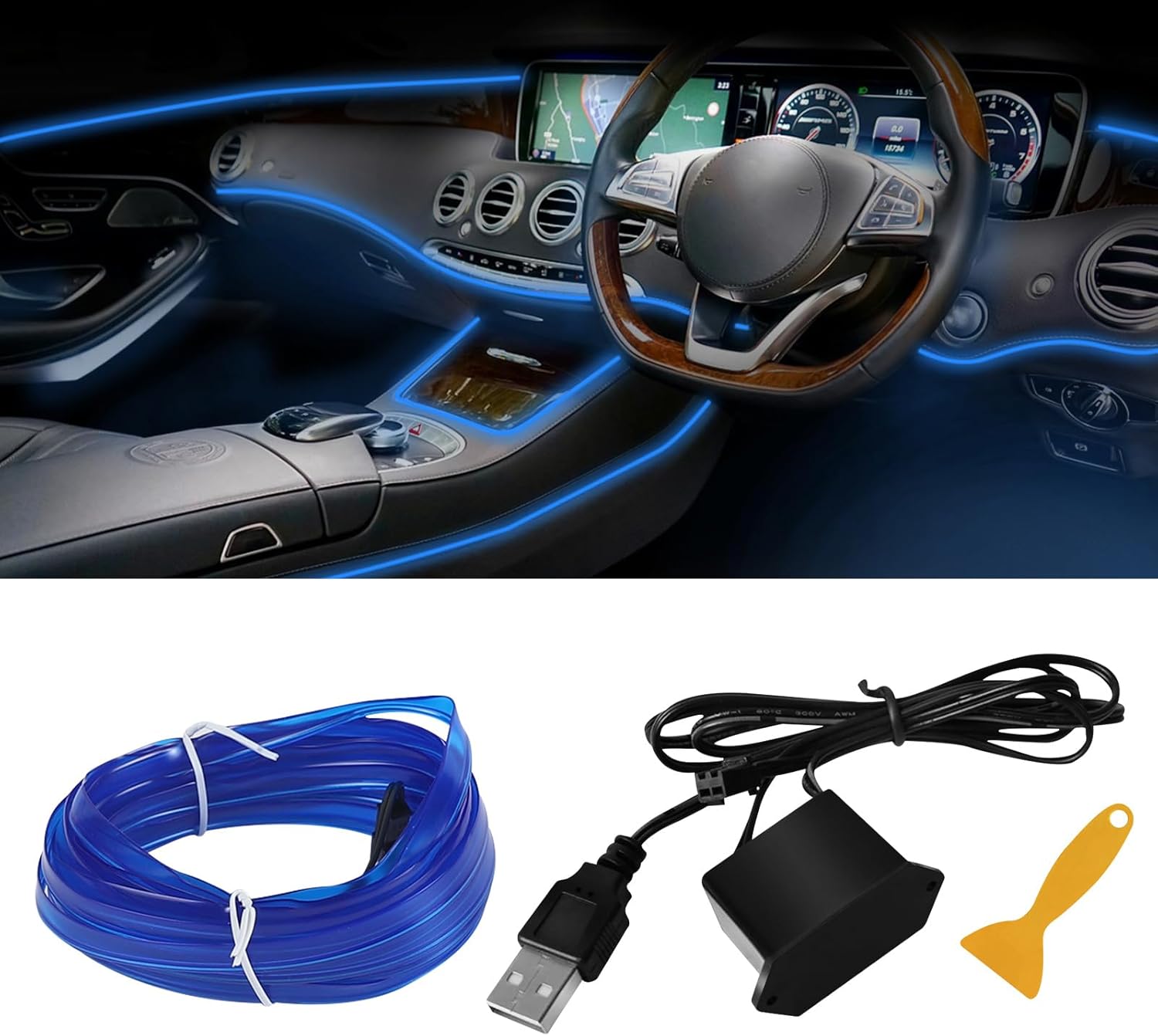 EL Wire Interior Car LED Strip Lights, 16.4FT RGB USB Neon Automotive Light Strip, Electroluminescent Vehicle Ambient Lighting Kit, Interior Decoration Car Accessories (Blue)