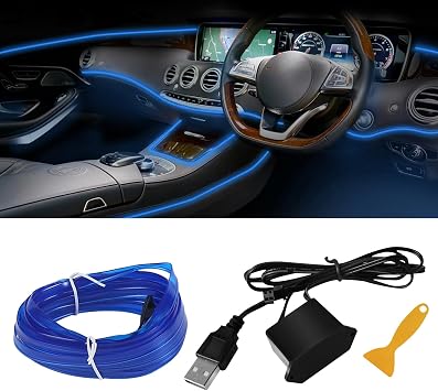 EL Wire Interior Car LED Strip Lights, 16.4FT RGB USB Neon Automotive Light Strip, Electroluminescent Vehicle Ambient Lighting Kit, Interior Decoration Car Accessories Blue