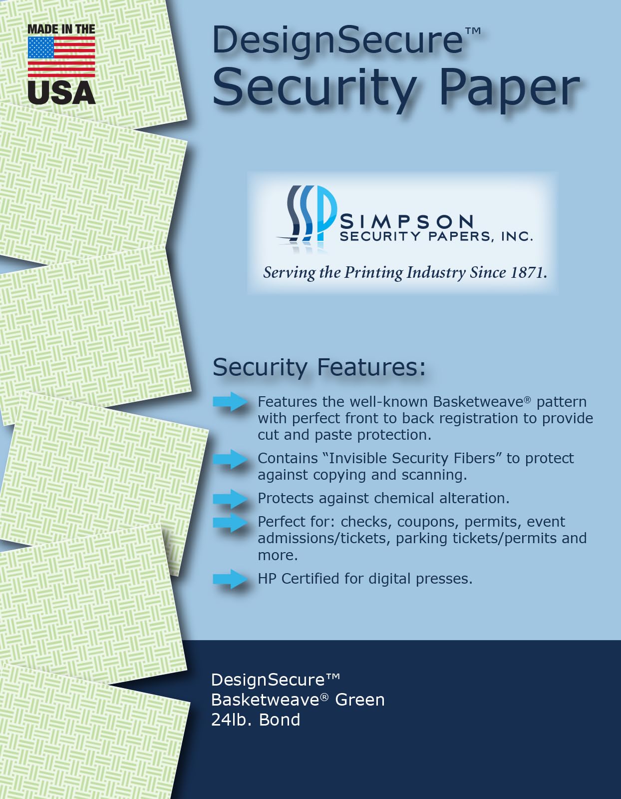 8.5 x 11 Simpson Security Papers DesignSecure Basketweave Green 24# Security Paper, 500 Sheets