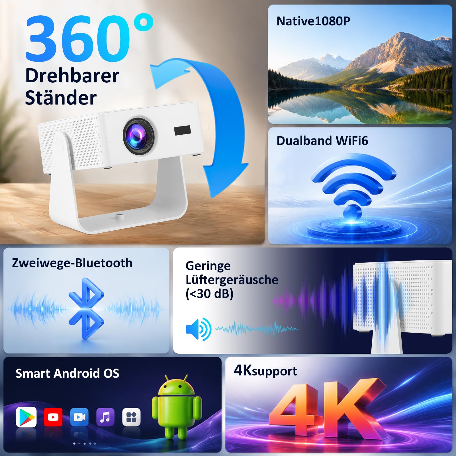 Mini proiettore intelligente, app integrata, Android 13, Full HD 1080P, supporta la decodifica 4K, correzione trapezoidale automatica, WiFi Bluetooth, proiettore portatile con supporto girevole per