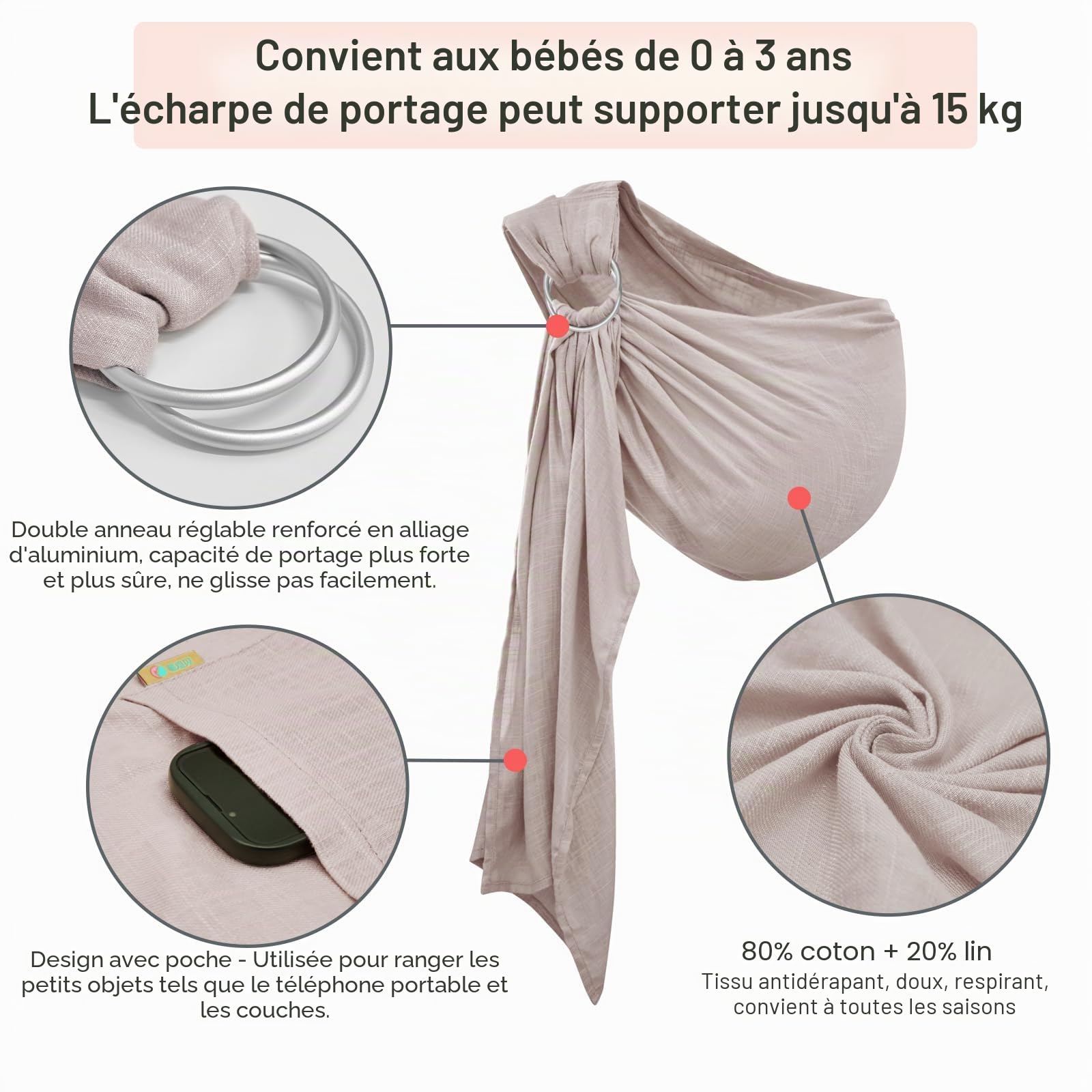 Écharpe de transport pour bébé, porte-bébé nouveau-né à tout-petit, léger et respirant pour l'été, la natation, la piscine, la plage, poitrine avant grise (25,4 à 13,6 kg)