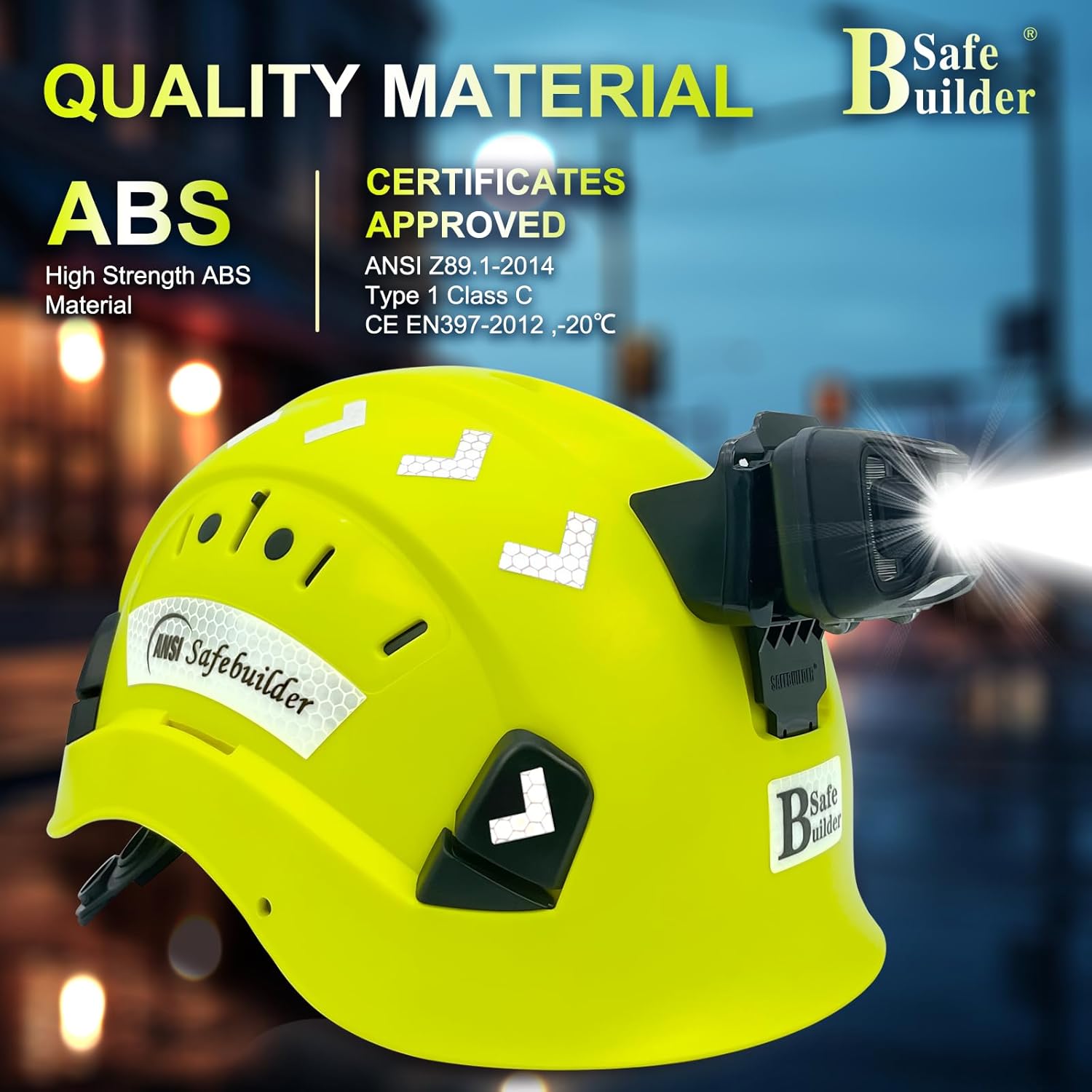 SAFEBUILDER Safety Hard Hats with Build in Headlight Lightweight Breathable Vented Safety Helmet with Headlamp for Construction Industrial Outdoor Work Head Protection ANSI Approved