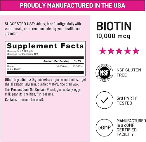 Miniatura 5 de NatureWise Cápsulas blandas de biotina de alta potencia de 10,000 mcg, biotina para el crecimiento del cabello, mujeres y hombres + soporte para la