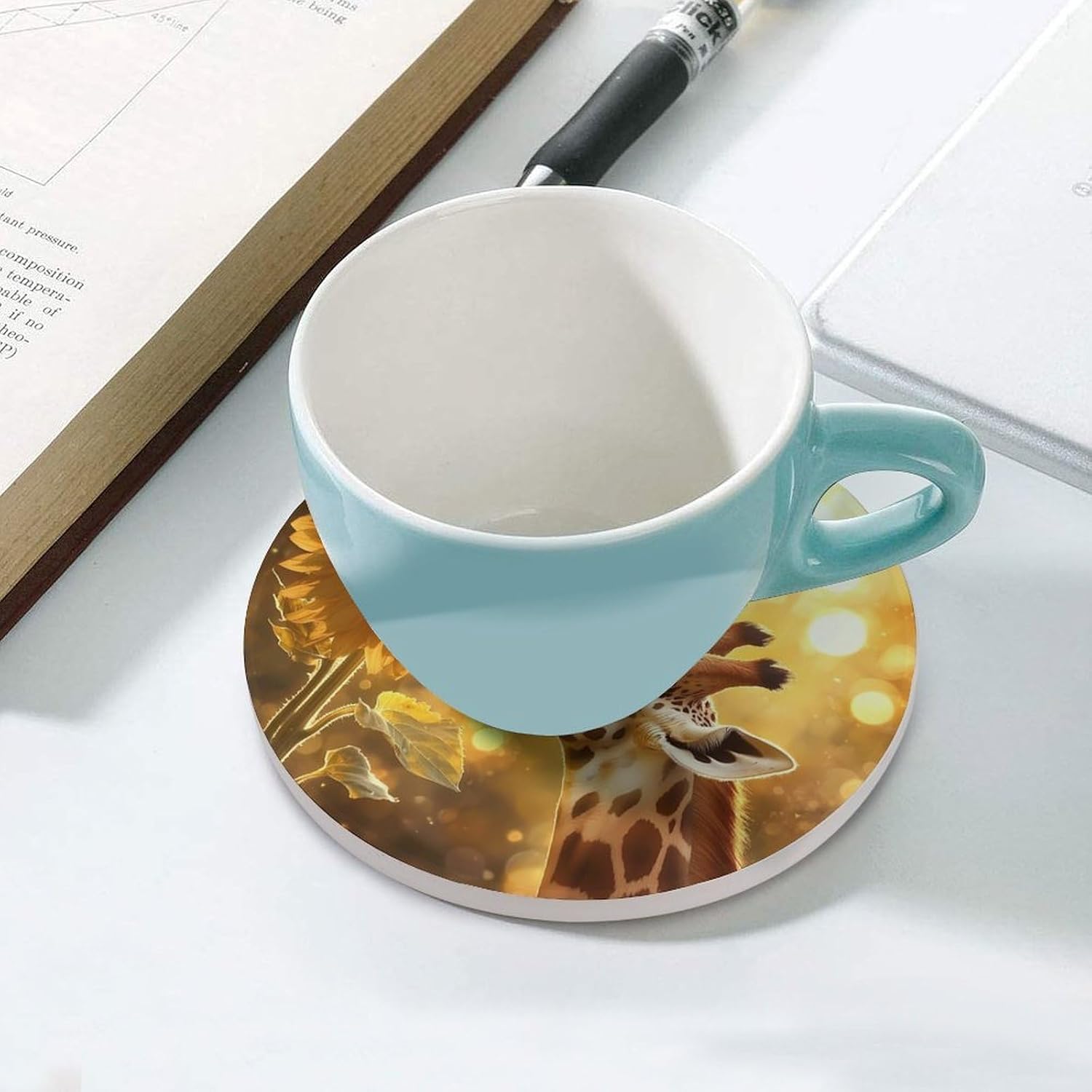 Giraffe and Flower Coasters for Drink Round Ceramic Coaster with Cork Base Home Decorative 6PCS