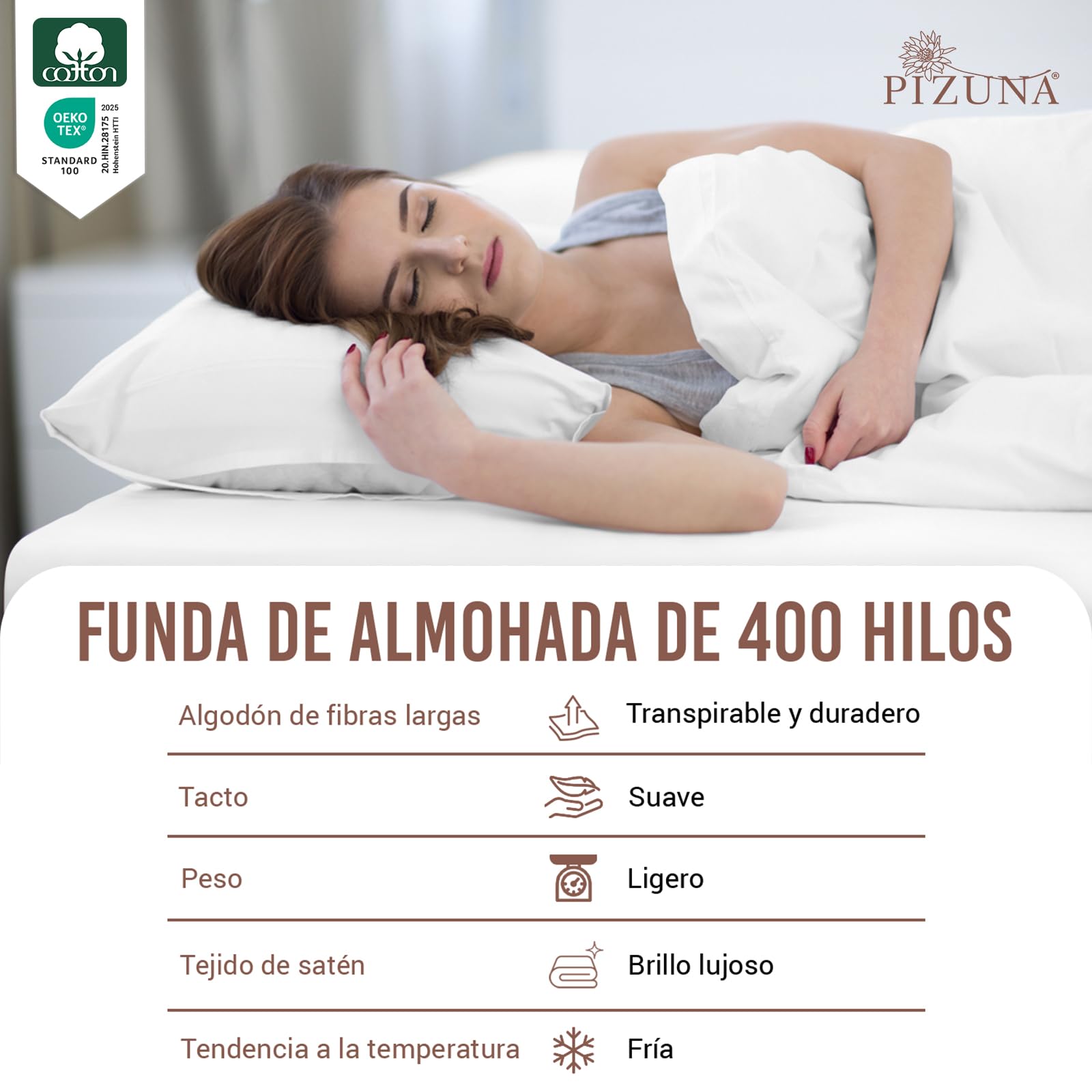 Pizuna Funda Almohada Algodon 45x75, Tejido Satinado de Lujo 100% algodón de Fibra Larga de 400 Hilos Lote de 2 Fundas de Almohada con Solapa de 15 cm en un Lado (Funda Almohada Blanco)