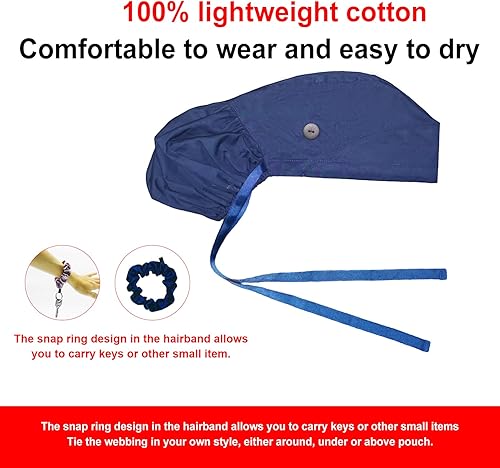 Miniatura 8 de Gorra médica con botones  Gorro de algodón con banda para el sudor, lazo trasero ajustable para cola de caballo (emparejado al azar con anillo para