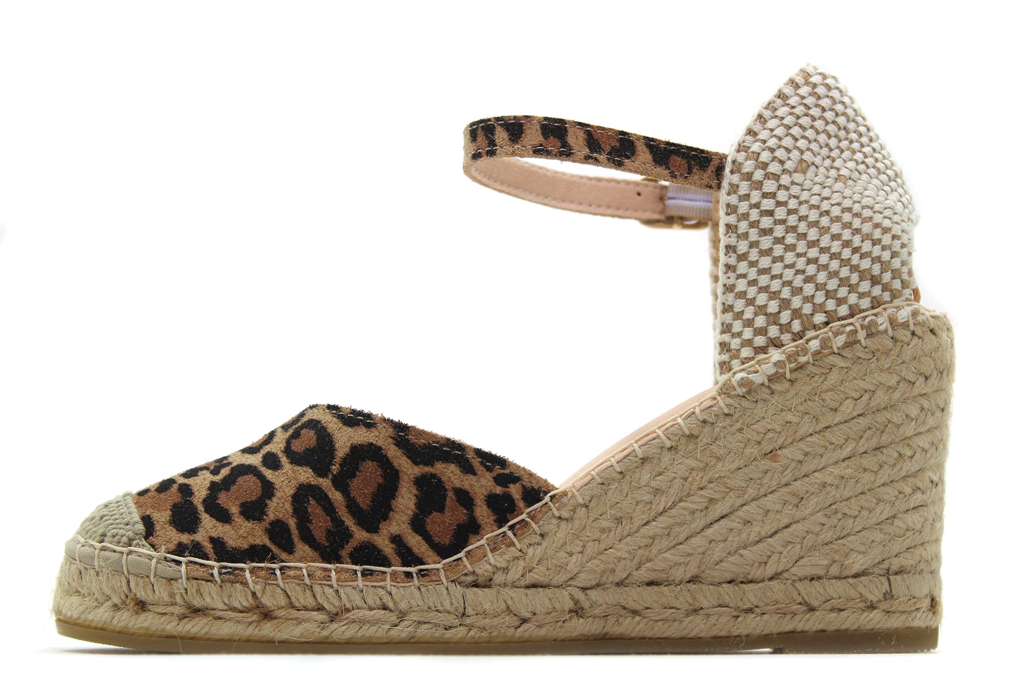 MACARENA - Sandalia con cuña de esparto,pulsera al tobillo,suela de goma,piel,planta de gel,leopardo, para: Mujer color: LEOPARDO talla:40