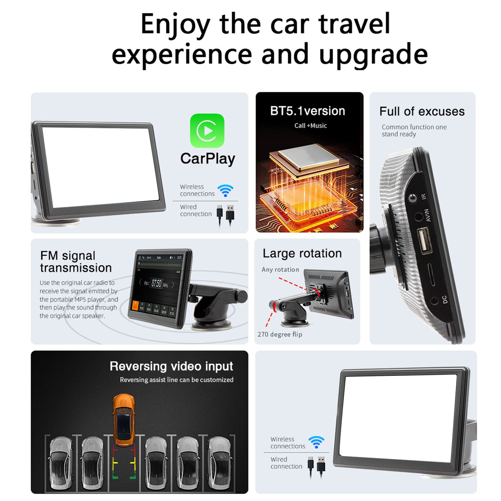 Bluetooth Car Stereo for Carplay for Android Auto, 7inch Car MP5 Multimedia Player, Hands Calling, Mirror Link, Car Radio with Backup Camera