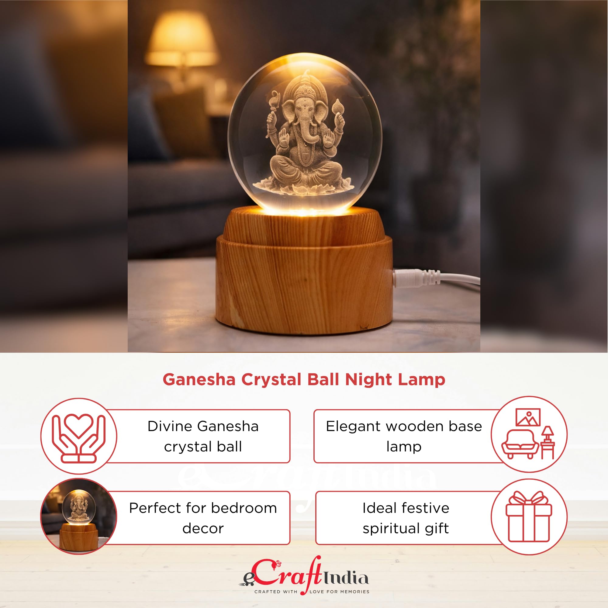 eCraftIndia Divine Lord Ganesha Idol Transparent Crystal Ball Night Lamp with Wooden Base Showpiece | Spiritual Table Lamp for Home Decor Office Hotel Living Room Gift for Diwali Housewarming 3