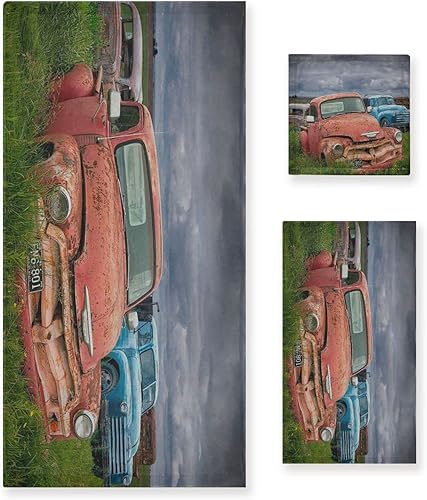 Juego de toallas de baño de 3 piezas, carrocerías antiguas vintage en un paisaje de patio de basura de automóvil, 1 toalla de baño, 1 toalla de