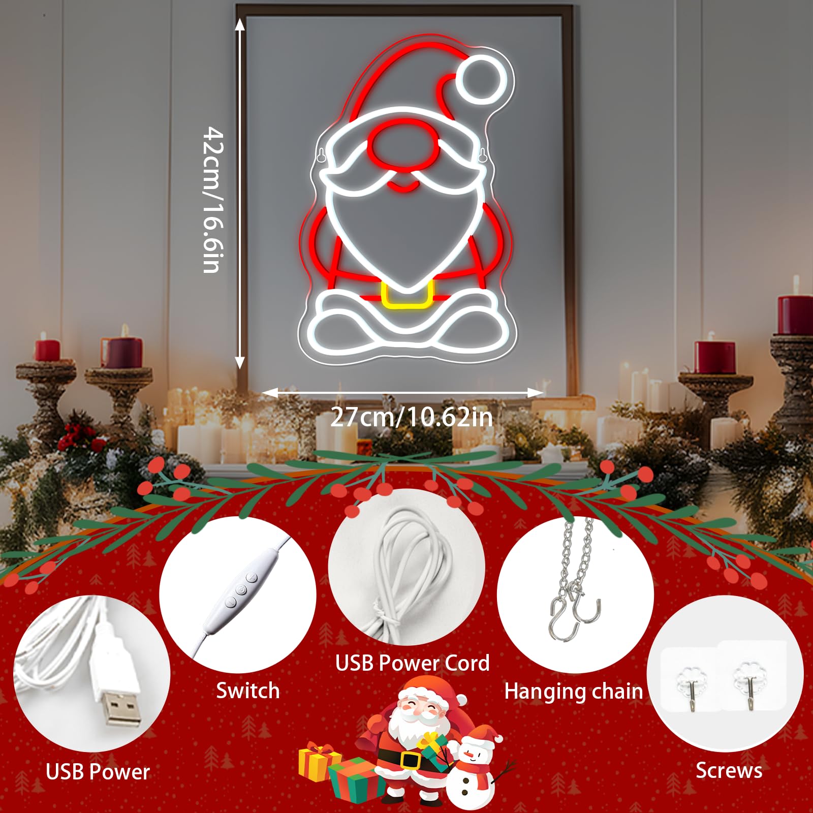 NOXET Neonowy szyld Christmas Gnome neonowy znak Święty Mikołaj neonowy znak Boże Narodzenie neonowe światło do dekoracji ścian Boże Narodzenie tabliczka LED na imprezę, Nowy Rok, festiwal, dekoracja