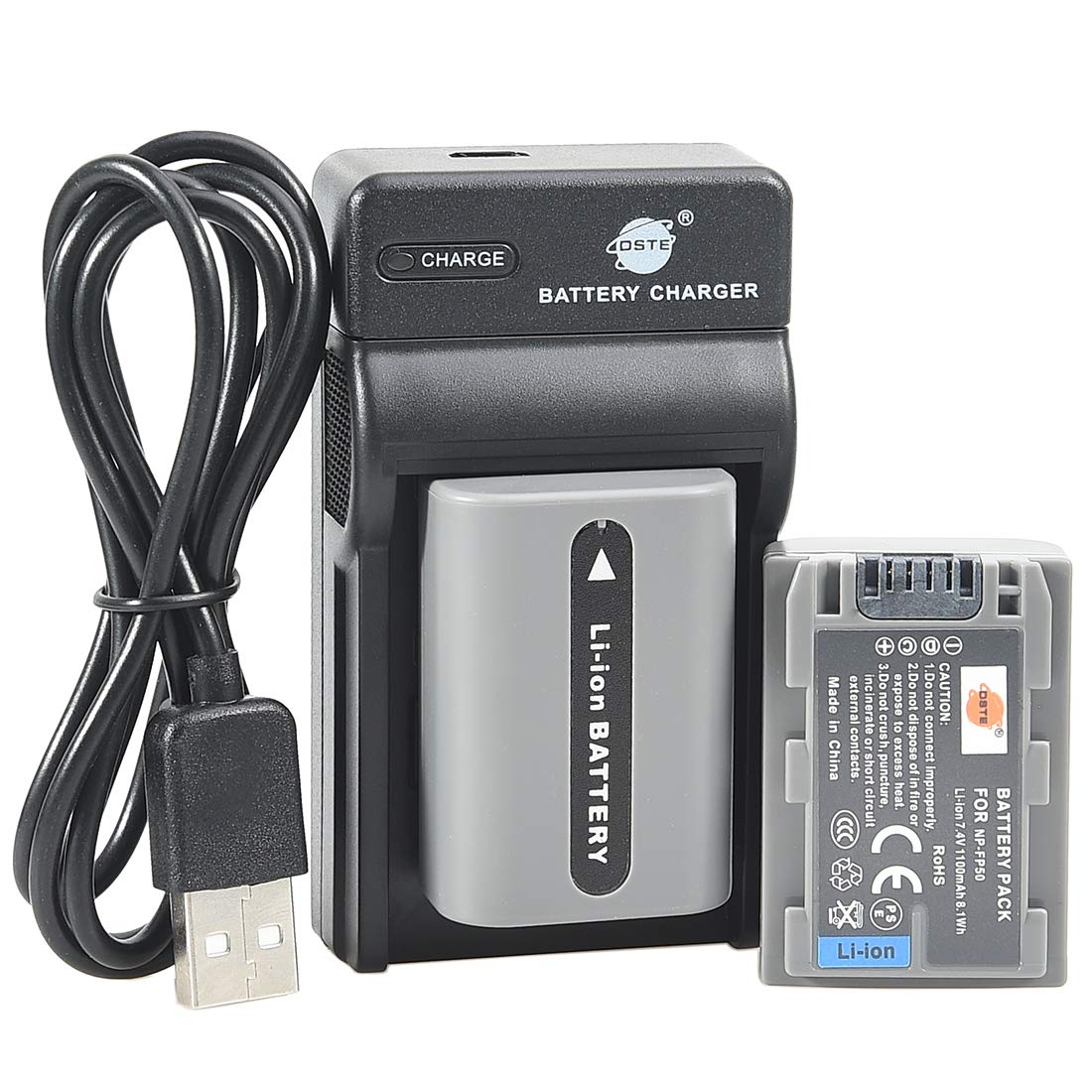 Lot de 2 Batteries Li-ION DSTE NP-FP50 + Chargeur Micro USB Compatible avec Sony DCR-DVD103, DCR-DVD105, DCR-DVD203, DCR-DVD205, DCR-DVD305, DCR-DVD92, DCR-HC20