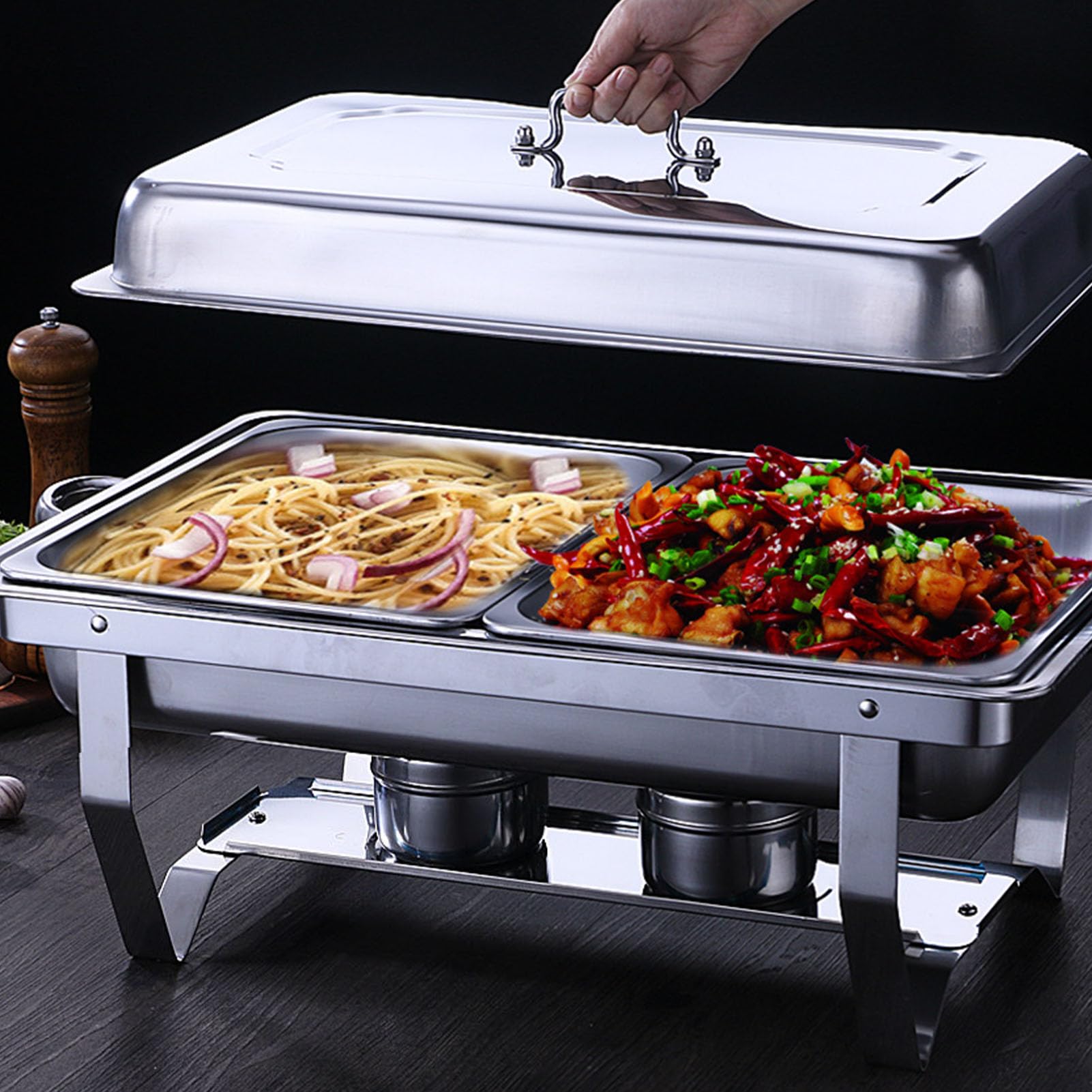 Scaldavivande per Buffet in Acciaio Inossidabile da 4 Pezzi, Scaldavivande Rettangolari da 9 QT per Buffet, con Struttura Pieghevole per Feste, Catering, Matrimoni Ed Eventi all'aperto