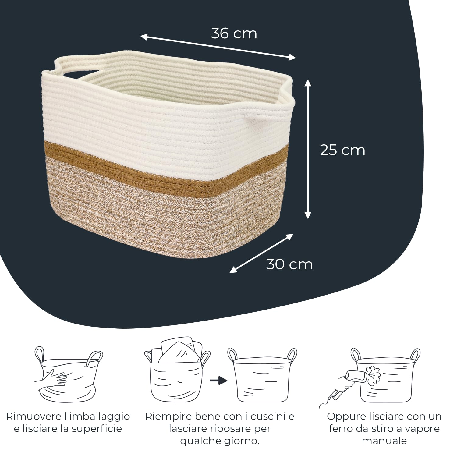 Cestino portaoggetti HMF con manici allungati, cestino in cotone | 36 x 30 x 25 cm | Bianco-Marrone