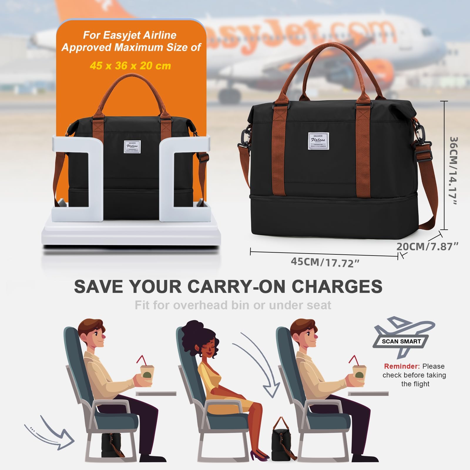 Sac de Voyage 45x36x20 pour Easyjet Bagage à Main Avion Sac Weekend Femme Homme Sacs Cabine Impermeable Sacs de Sport Voyage avec Compartiment à Chaussures Travel Bag,A06-Noir et Marron