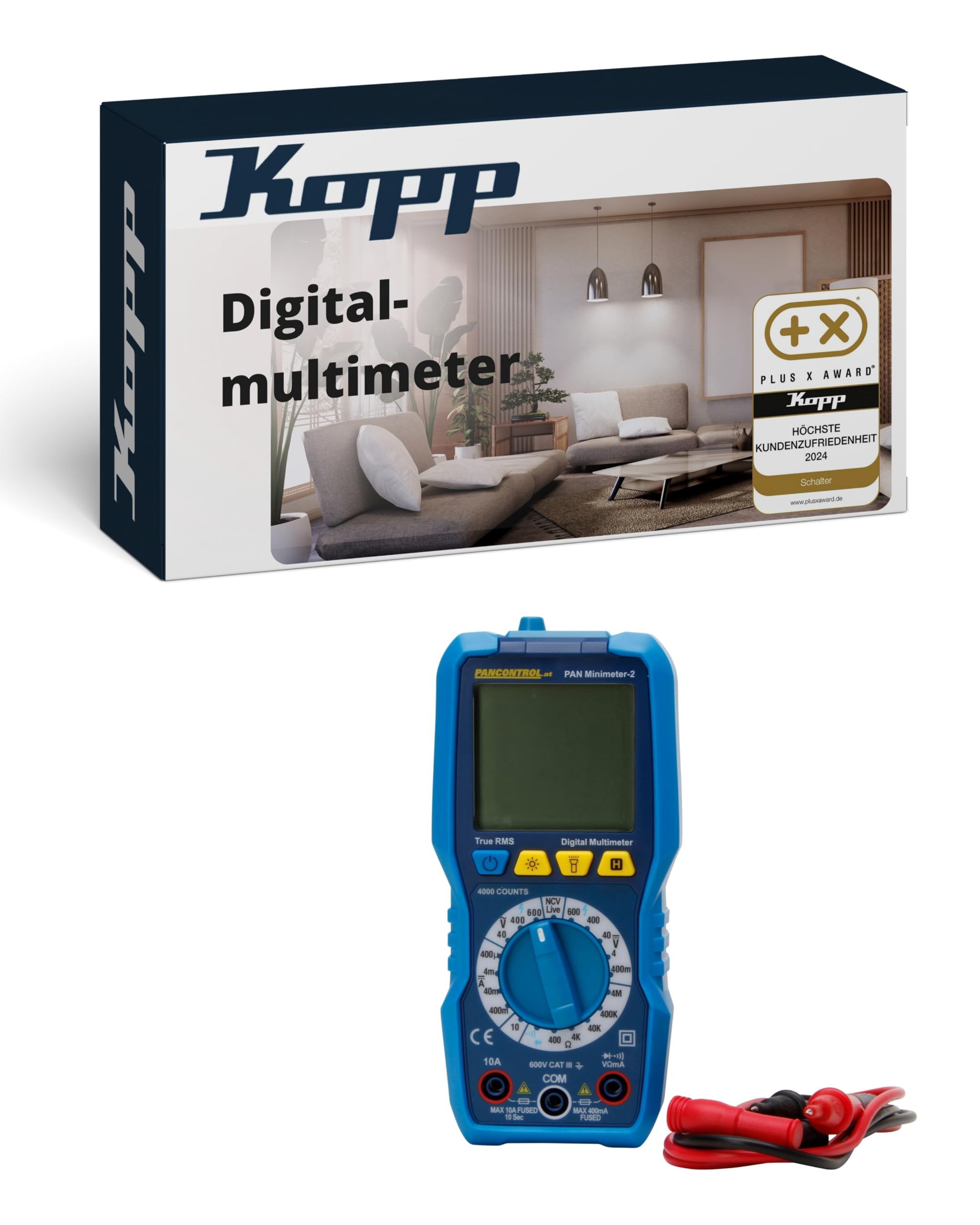 Kopp PAN Minimeter-2 Digital-Multimeter CAT III 600 V – Multimeter mit kontaktlosem Spannungs- & Durchgangsprüfer – Beleuchtete Anzeige mit Analogbalken – LED-Taschenlampe & TRMS
