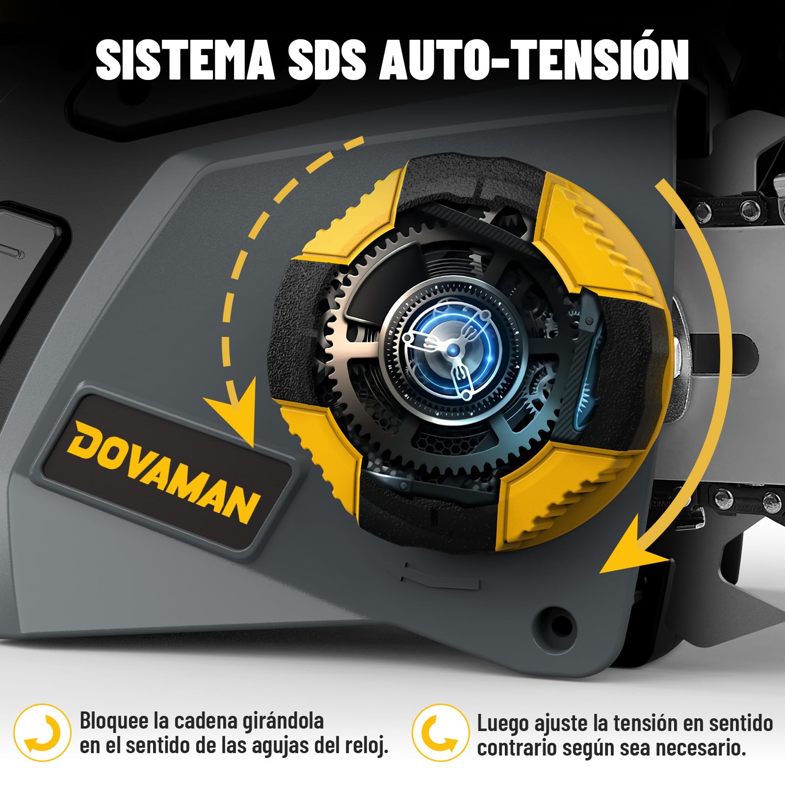 DOVAMAN Motosierra Eléctrica de 2400W, Tensión sin Herramientas en un Paso, 40cm Barra y Cadena Oregon, 15m/s Velocidad de Cadena, Lubricación Automática, Freno Mecánico y 2 Cadenas - DCS01A
