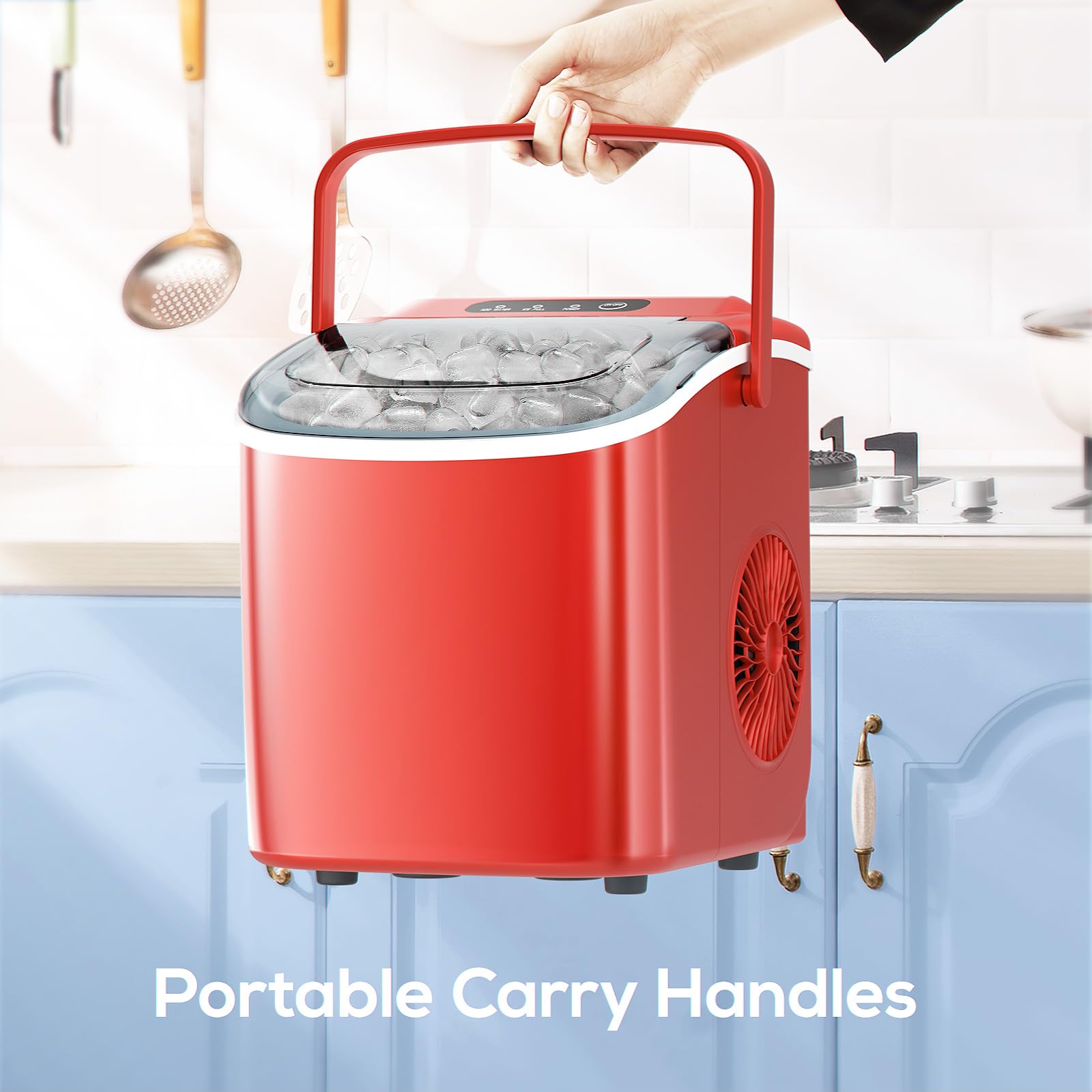 ZAFRO Ice Makers Countertop with Self-Cleaning, 9 Bullet Ice Ready in 6Mins, 26.5Lbs/24Hrs, Portable Ice Maker with Handle/Ice Scoop/Basket for Home/Kitchen/Camping, Red on Fridge.com