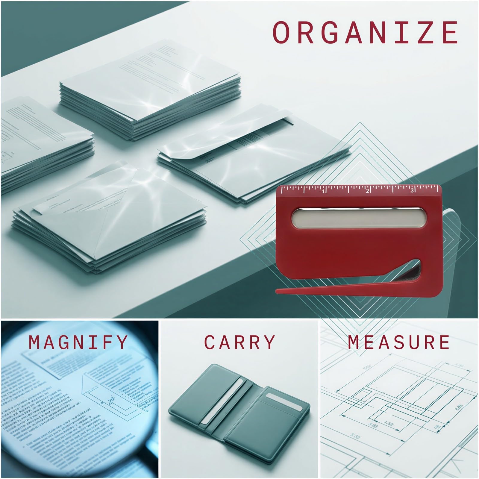 Lot de 12 ouvre-lettres multifonctions avec règle, loupe 3X en plastique pour enveloppes, coupe-papier, 9,4 x 6,6 x 0,3 cm pour bureau et maison, couleurs assorties