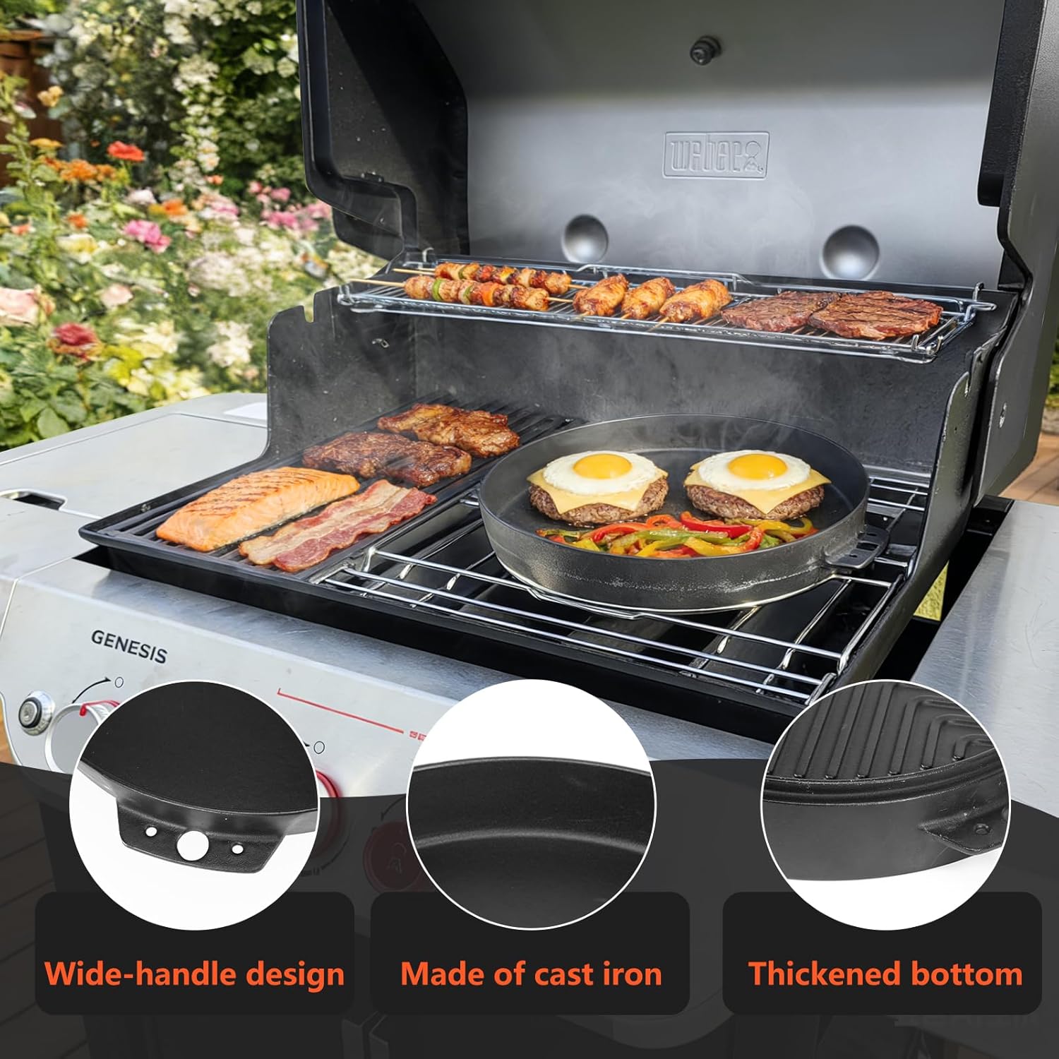 QuliMetal Grill Griddle for Weber Genesis 300 & 400 Series, Cast‑Iron Griddle Replacement Parts for Genesis E/S325, Genesis E/S335, Genesis E425, Genesis E435 Gas Grills, 14.96" x 13.14” x 2.1"