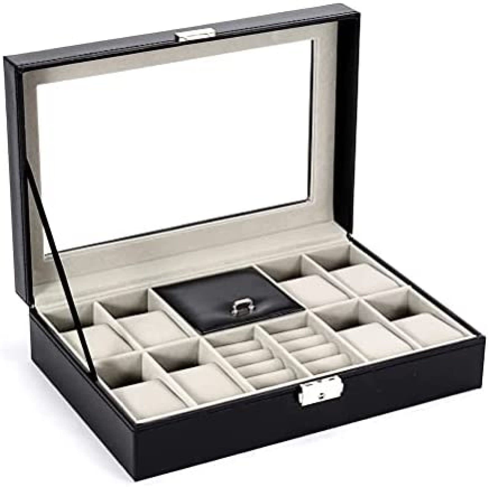 YNBSHGAA Jewellery Watch Storage Box, Lockable 8 Slots Watch Display Box with Transparent Lid, Men Women Jewellery Organiser Case for Rings Bracelets Earrings Necklaces Cufflinks