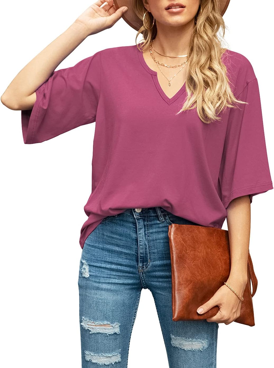 Women's Blouse Tops Loose V Neck 3/4 Bell Sleeve Shirt