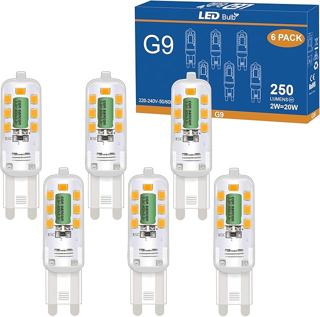 DSLebeen G9 LED Bulbs Warm White 3000K, 2W 250lm Replace 20W-25W G9 Halogen Bulbs, No Flicker Non-Dimmable LED Light Bulb for Home Decorative Lighting, Chandelier, Crystal Lamp 6 Pack