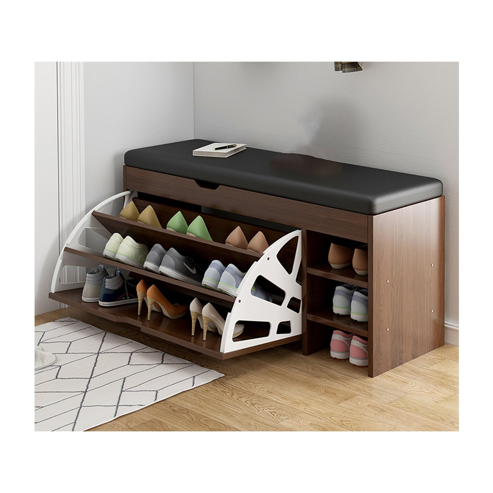 GDMDPTE Padded Shoe Storage Bench with Adjustable Shelves 1 Pull Out Drawer Shoe for Entryway Living Room Bathroom Garage Bedroom Space Saving Solution