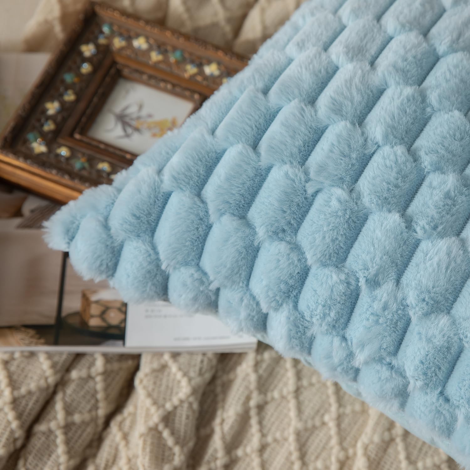 MANDIOO Pack of 2 Light Blue Super Soft Plush Fluffy Decorative Throw Pillow Covers 12x20 inch Faux Fur Wool Velvet Cushion Covers Pillow Cases Couch Sofa Bed Living Room - Image 4