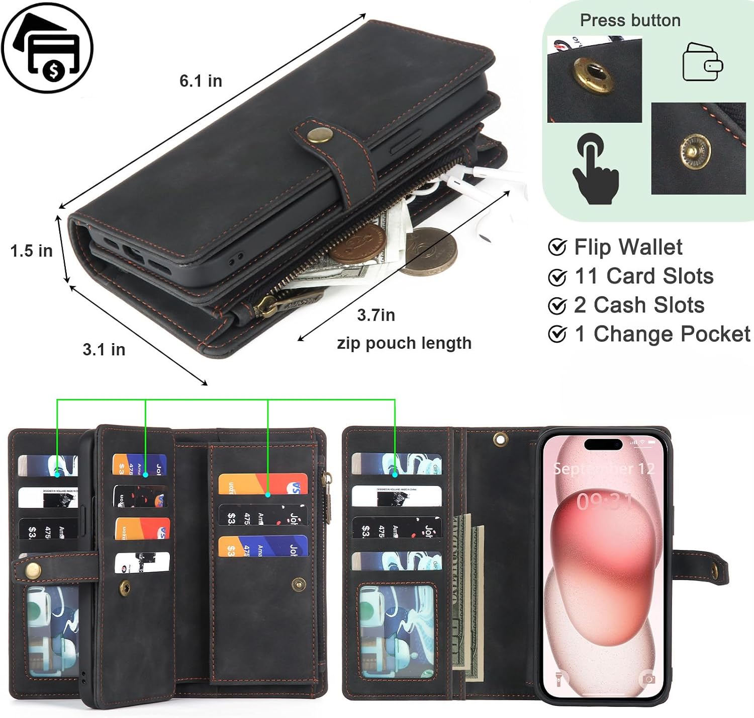 TwoHead for iPhone 15 Wallet Case with 11 Card Holders,Black image 5