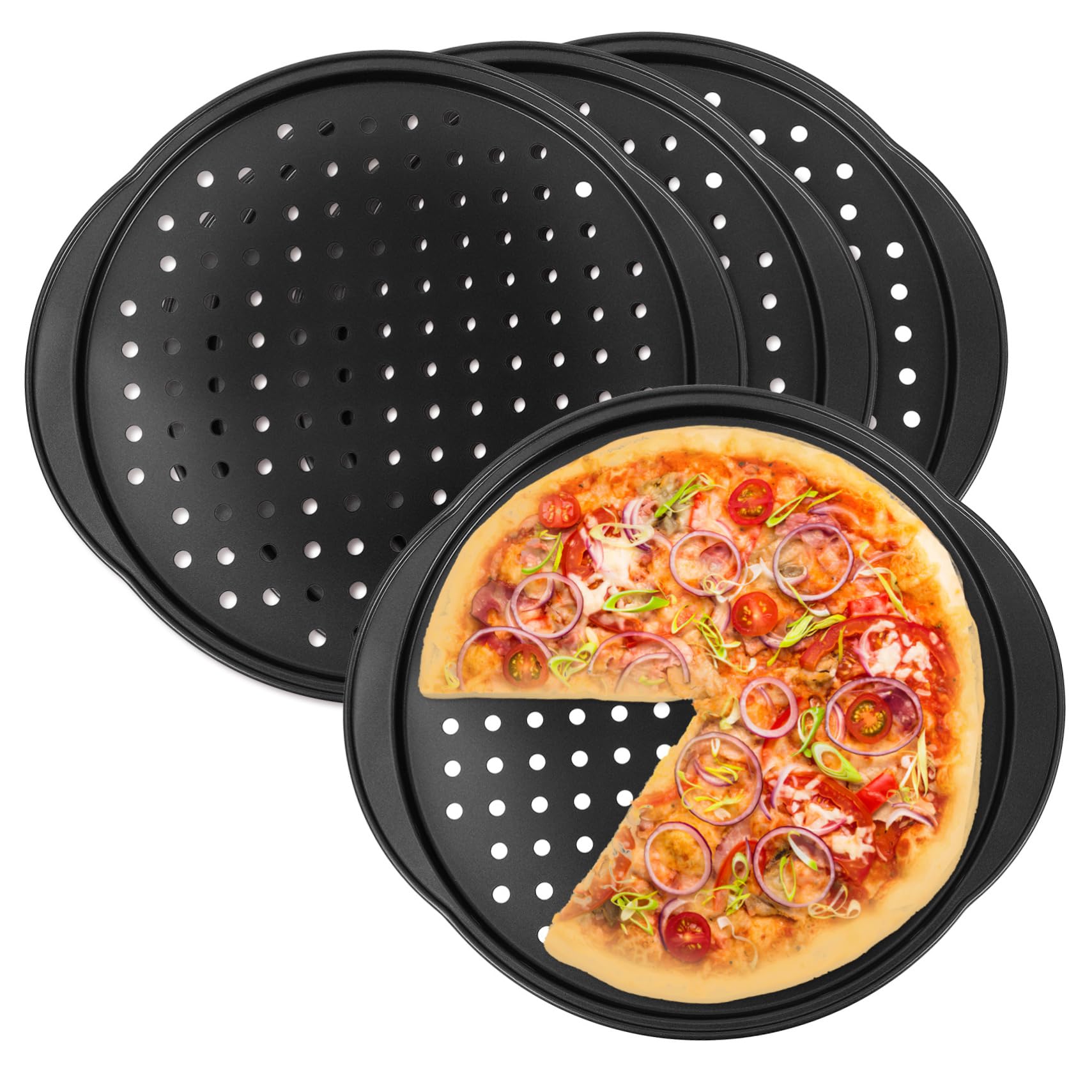 ULTECHNOVO Teglie per Pizza in Acciaio con Fori Antiaderenti 35,5X32 CM Set da 4 Pezzi per Forno Cottura Professionale