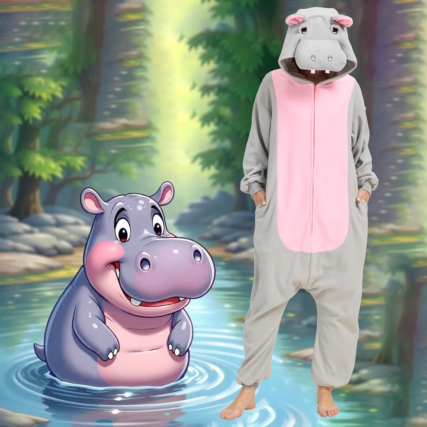 WAWRTOU Hippo Onesie Pajamas for Adults Halloween Costume Unisex Cosplay One-Piece Sleepwear Loungewear - Image 2