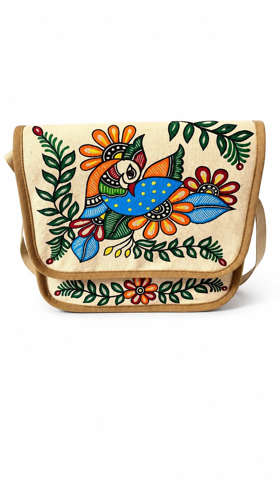 Hand-Painted Madhubani Jute Sling Bag, Multicolour Bird and Floral Design, Lightweight, 25x25 cm-picture-47