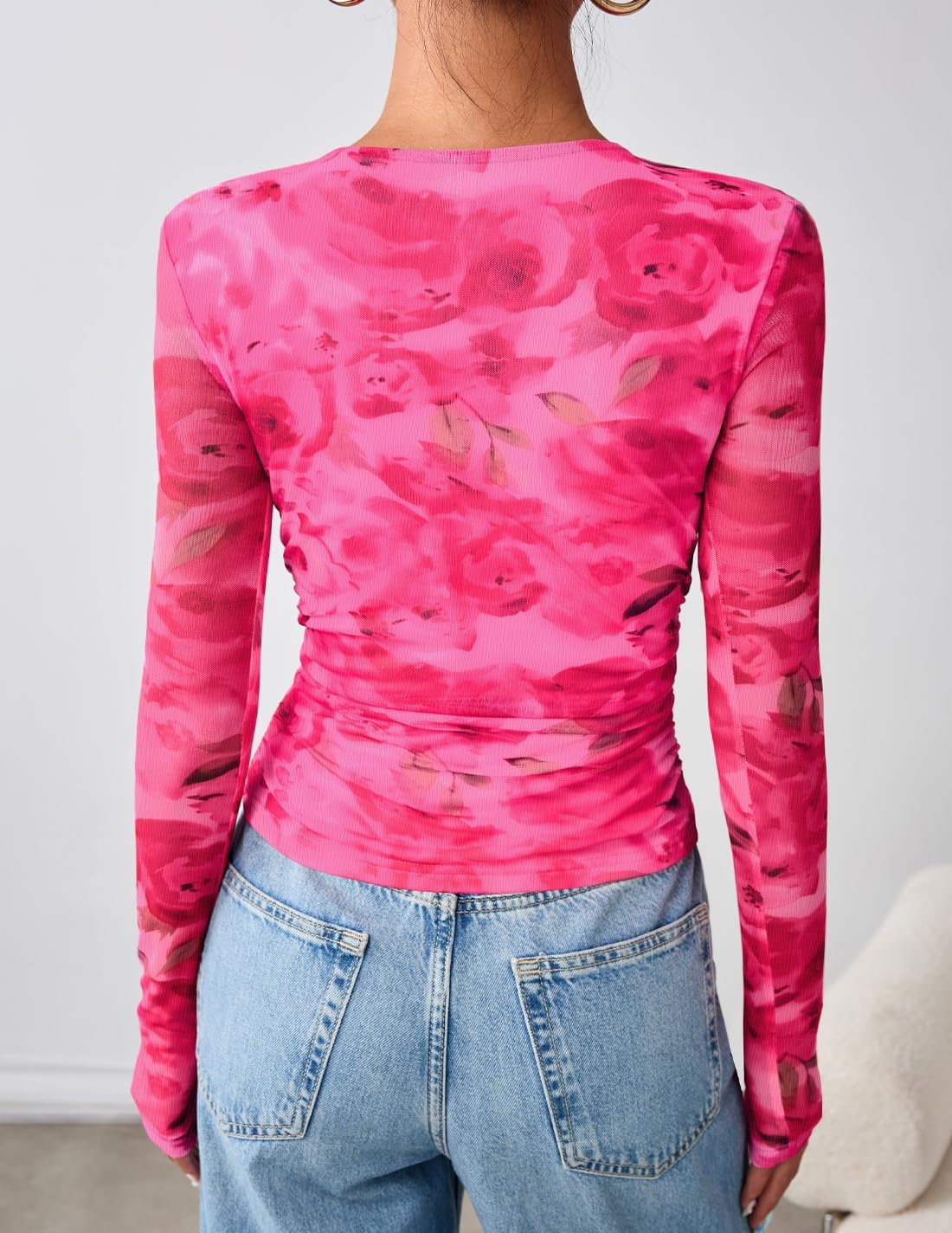 ZESICA Womens 2026 Spring Floral Mesh Going Out Tops Long Sleeve Crewneck Slim Fit Ruched Y2k Shirt Beach Vacation Outfit - Image 4