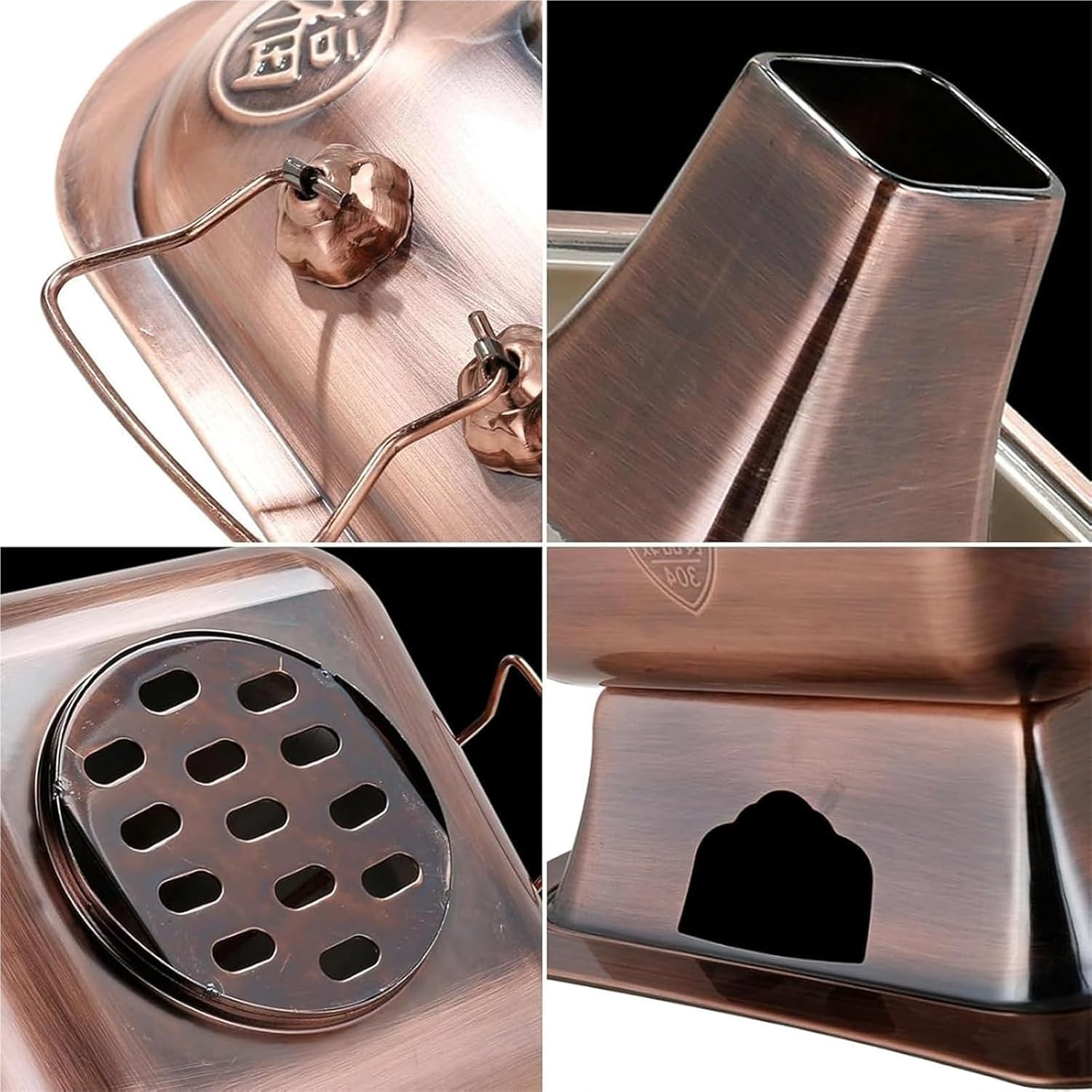 Chinese Copper Hot Pot, Chinese Style Beijing Charcoal Imitation Copper Hot Pot,Stainless Steel Charcoal Hot Pot, Split Design Easy To Clean Square Cookware For Camping Home,Red Copper,32cm(Silver,36c