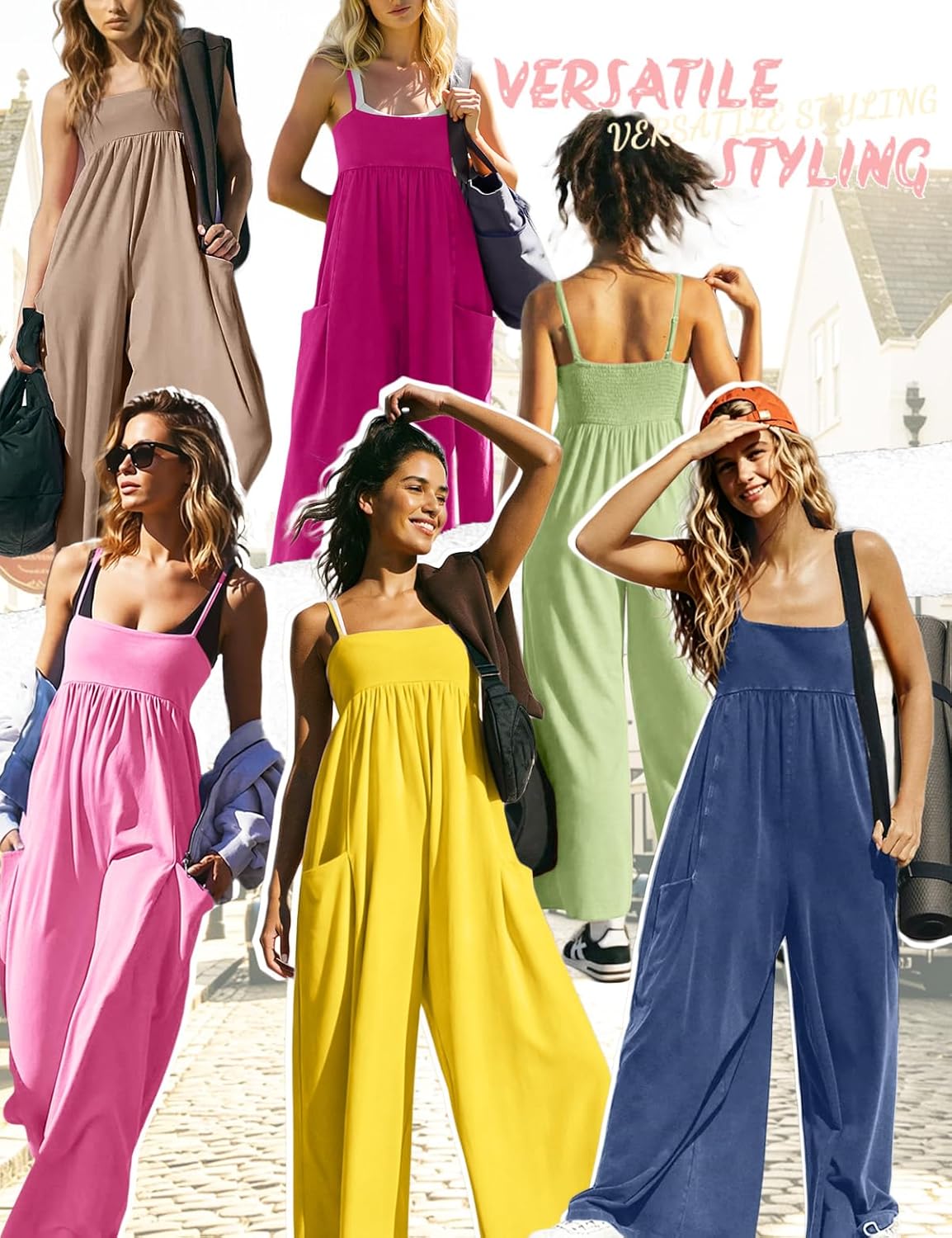 Jumpsuits for Women Casual Spaghetti Strap Wide Leg Rompers Loose Fit Overalls with Pockets Beach Vacation Clothes