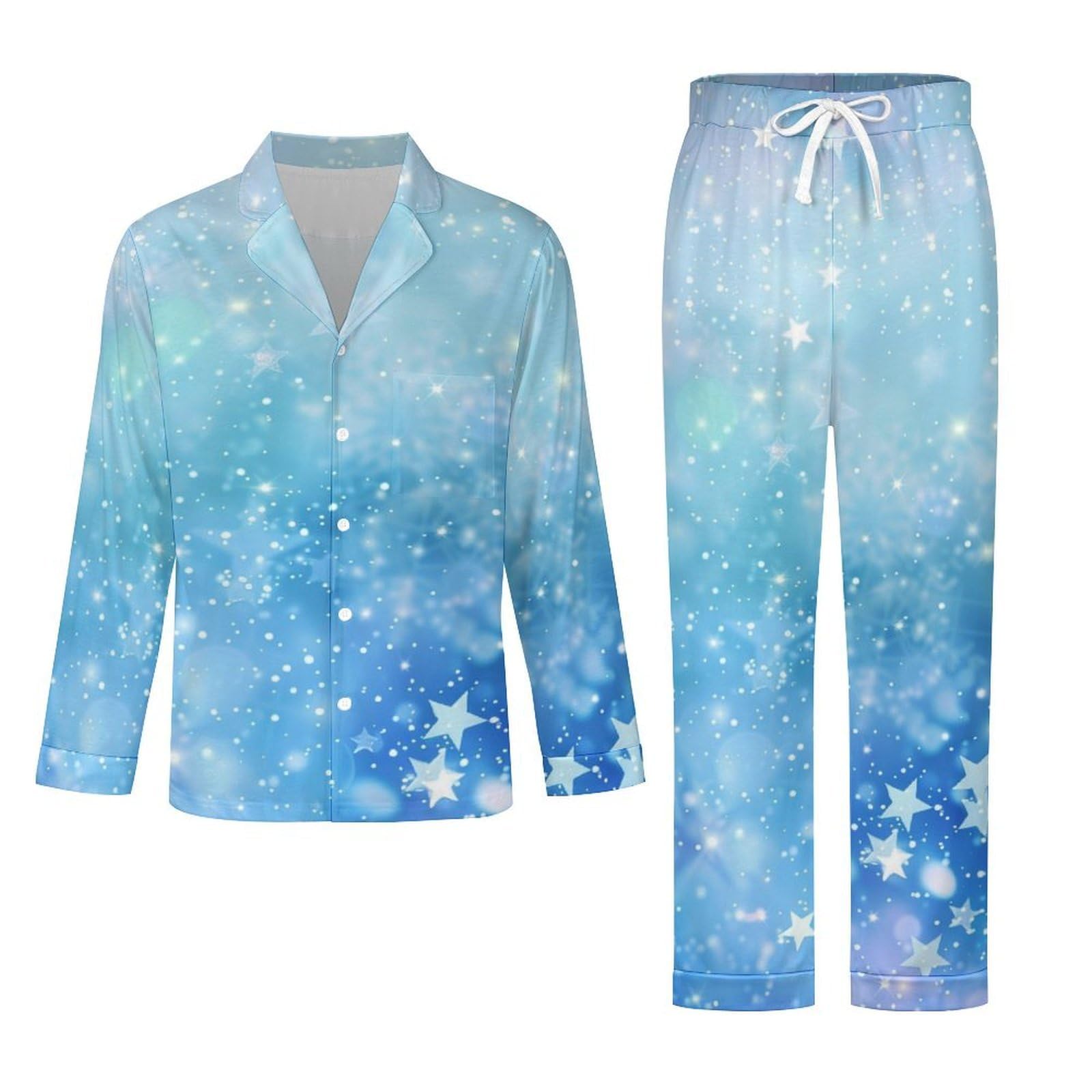Completo Pigiama da Uomo - Cielo Stellato Blu Pigiama A Maniche Lunghe Abbigliamento da Casa 2 Pezzi Top + Pantaloni Morbido E Caldo Pigiama Autunnale E Invernale