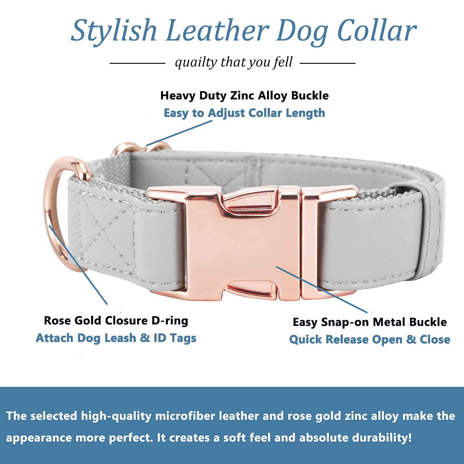 Dog Collar and Leash Set.Soft and Easy to Clean Vegan Leather with Rose Gold Metal Buckle for Small Medium Large Dogs(S(12.2"-16.9") - Image 2