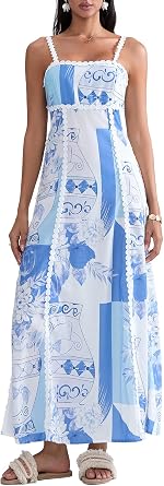 Women Floral Boho Maxi Dress Sleeveless Vintage Floral Tie Back A-Line Party Dress for Vacation Beach Streetwear