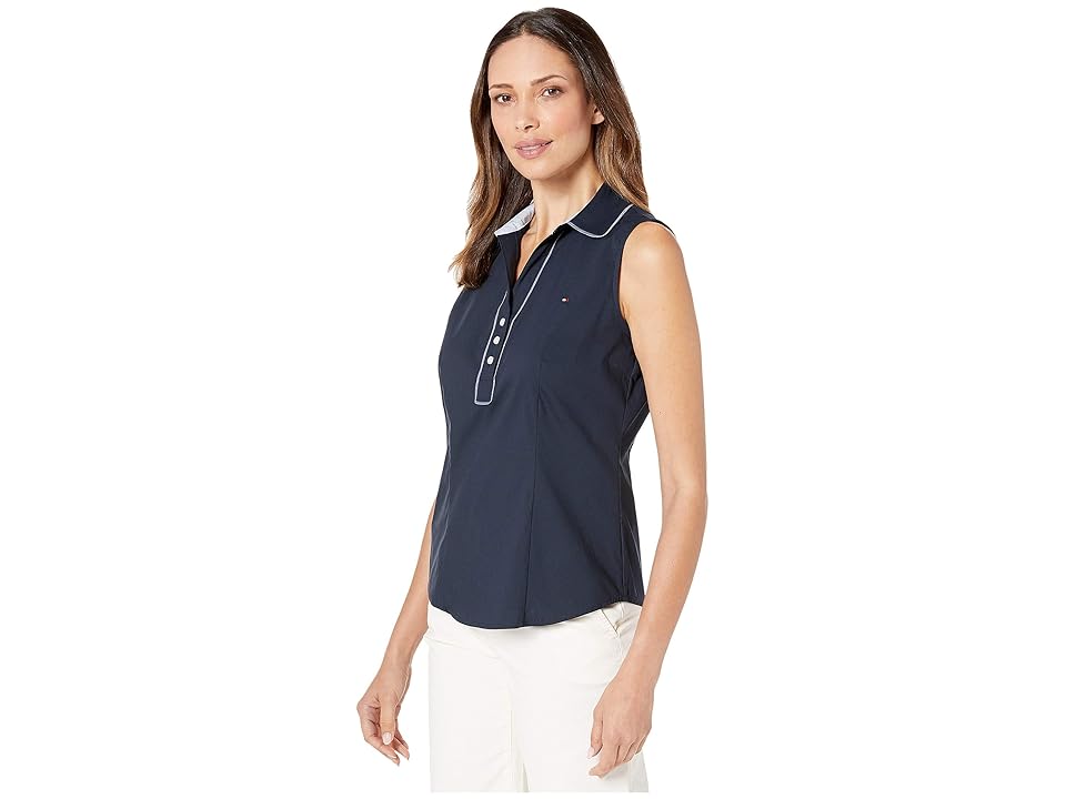 

Tommy Hilfiger Piped V-Neck Sleeveless Cotton Shirt (Midnight/Indigo) Women's Clothing, Blue