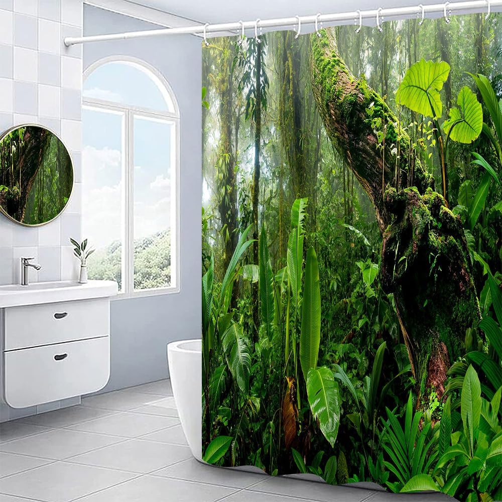 Tropical Rainforest Shower Curtain Green Forest Jungle Plants Palm Monstera Tree Leaves Botanical Wild Primeval Nature Landscape Polyester Fabric Set with Hooks 90Wx70H Inch
