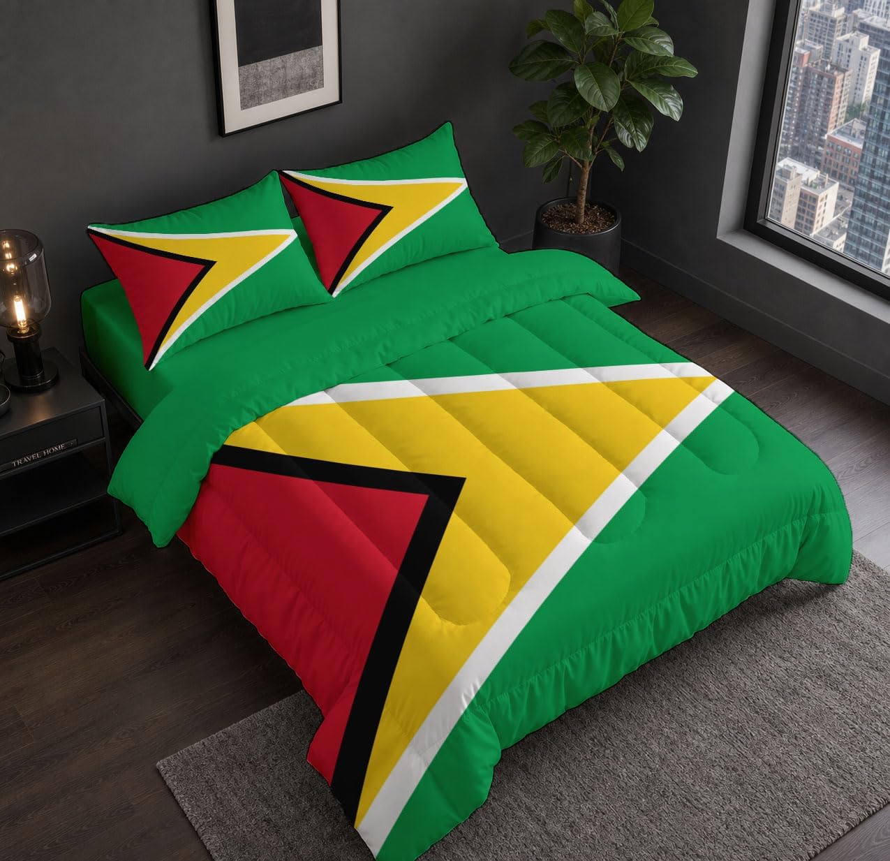 South American Tradition Comforter Set Queen Size, Guyana Flag Print Breathable Bedding Set for Girls Boys Teens, Green Quilt Duvet with 2 Pillow Cases