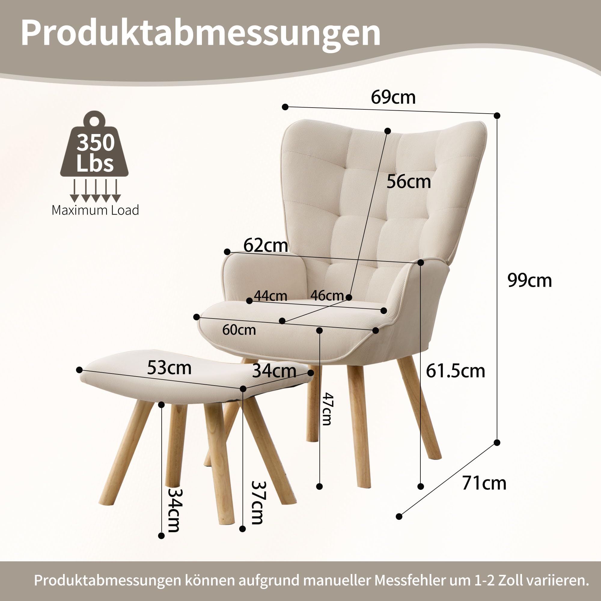 EBELLO Ohrensessel mit Hocker Sessel Wohnzimmer Loungesessel mit Cord-Stoff