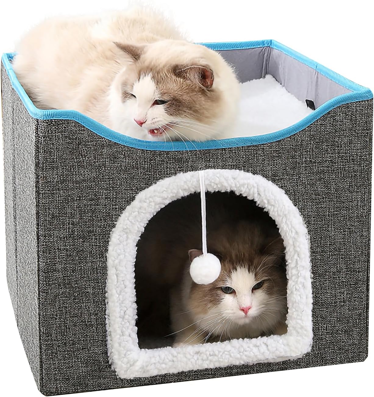 Cat Bed for Indoor Cats Cube House, Covered Cat Cave Beds & Furniture with Scratch Pad and Hideaway Tent, Cute Modern Cat Condo for Multi Small Pet Large Kitten Kitty (Gray)