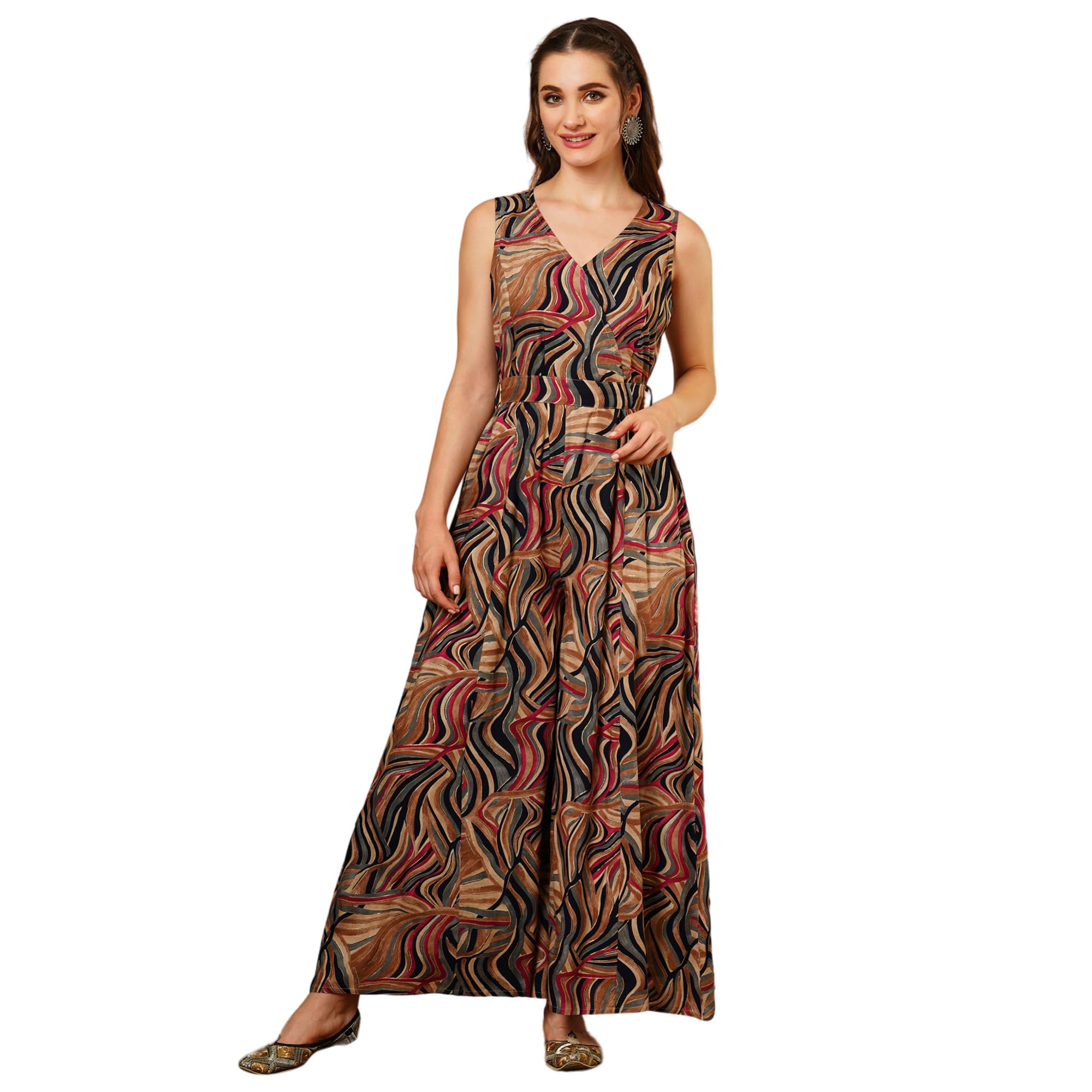 Women Multi Colour Abstract Print Wrap V-Neck Waist tie Up Flared Hem Fusion Jumpsuit-image-27
