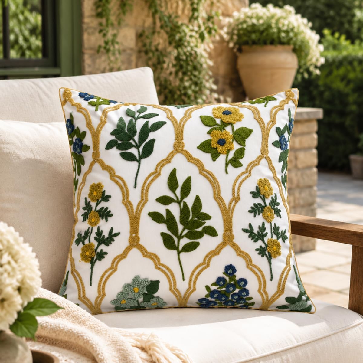YIcabinet Pillow Covers Set of 2, Embroidered Leaf Flower Pattern Throw Pillow Cover,Square Cotton Cushion,Pillow Case for Sofa Bedroom Couch,18"x18" image 2