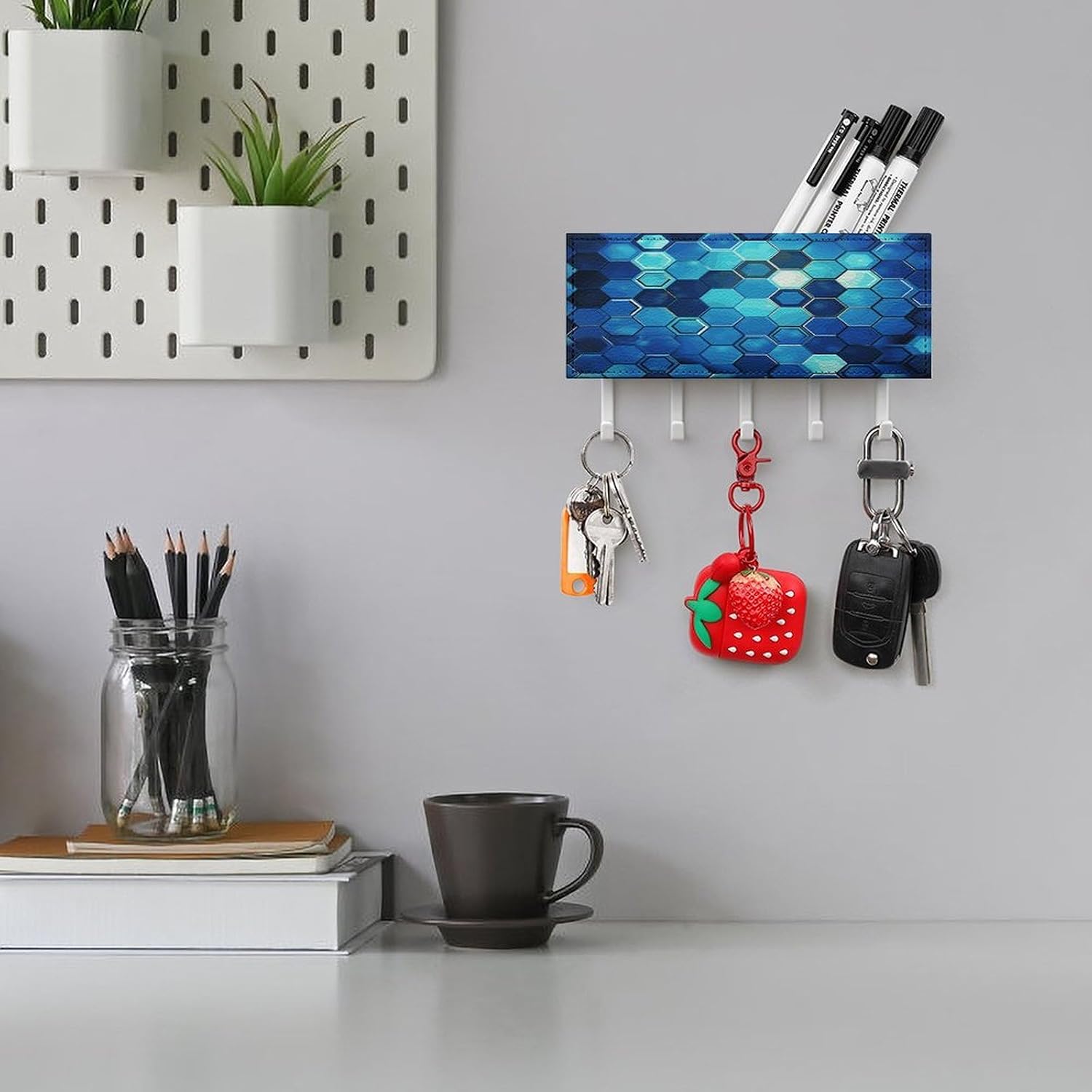 Key Holder Wall Mount Key Hanger with 5 Hooks, Decorative Key Rack | Blue Hexagon Hanging Key Hooks with Mail Organizer for Wall Living Room Kitchen Bathroom Hallway