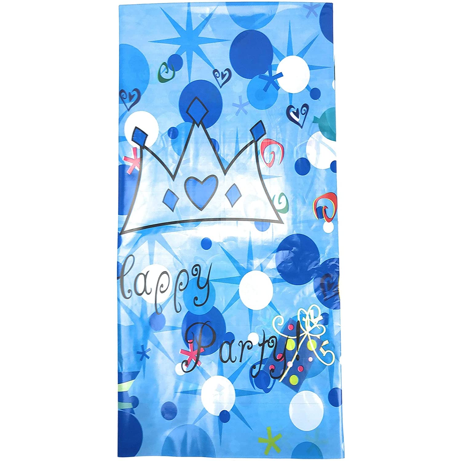 Aex Happy Party Blue Crown Happy Birthday Style Rectangle Table Cover Tablecloth Wipe Clean Disposable Plastic Party Tableware 33X71in (Happy Party Blue Crown)